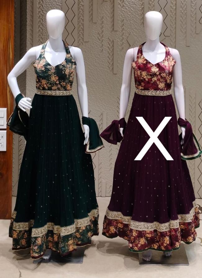 Georgette Green Wedding Wear Sequins Work Readymade Gown With Dupatta